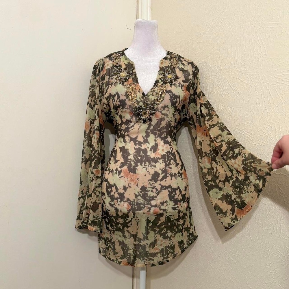 Fairycore Boho Sheer Beaded Tunic Flare Sleeve Brown Floral Tie Back Top Size M